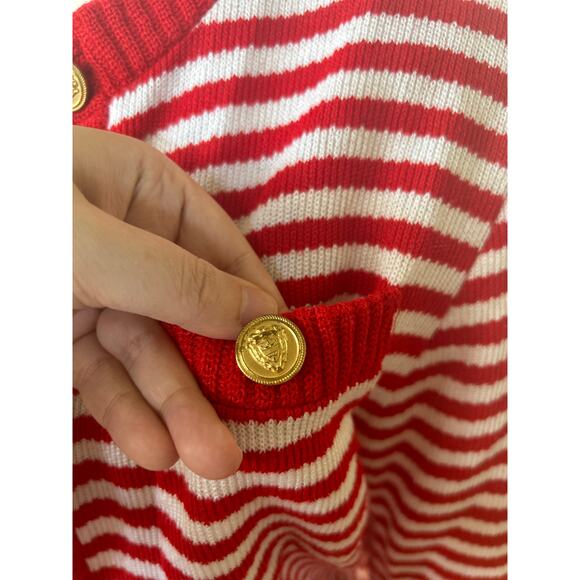 Vintage 90s Red & White Stripe Gold Button Nautical Cardigan - Picture 2 of 8